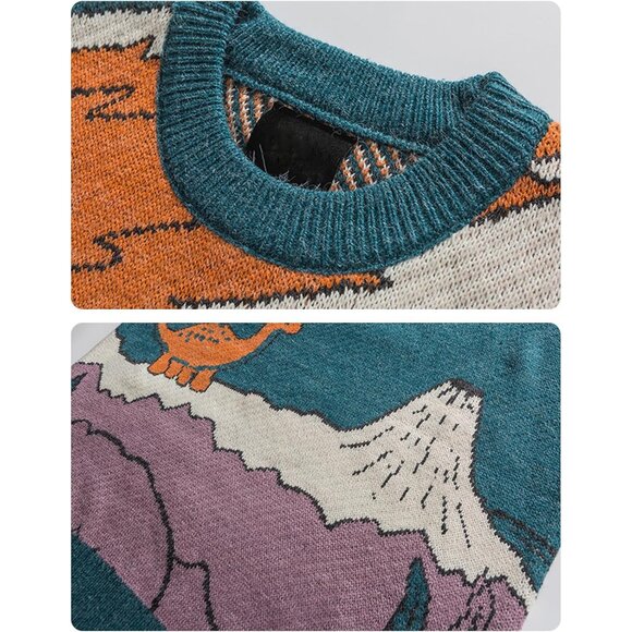 Mens Oversized Dinosaur Knit Sweater Casual Crewneck Long Sleeve Tops - Picture 5 of 8